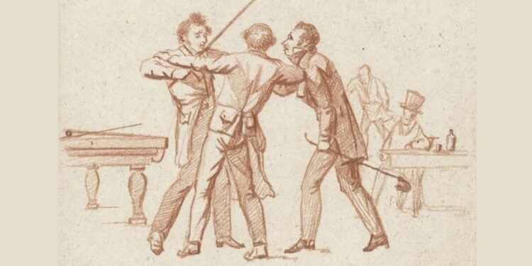 Fight — Cornelis Koekkoek, Coffeehouse with two fighting gentlemen